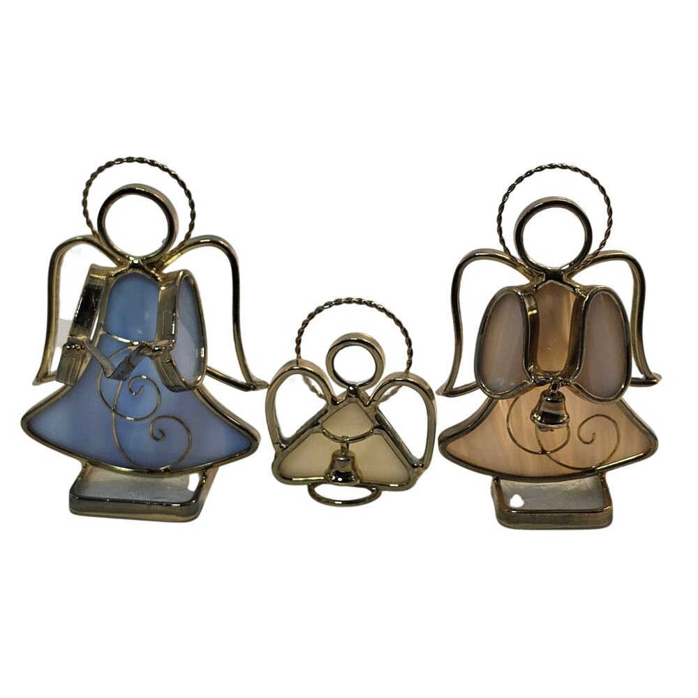 Stained Glass Angel Figurines Trio Brass Trim Christmas Decor Set, Vintage